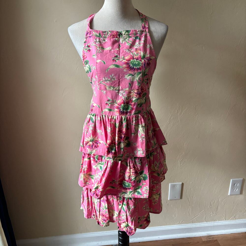 April Cornell Floral Apron Pink Cotton Ruffle Tiered Cottagecore Country Pocket